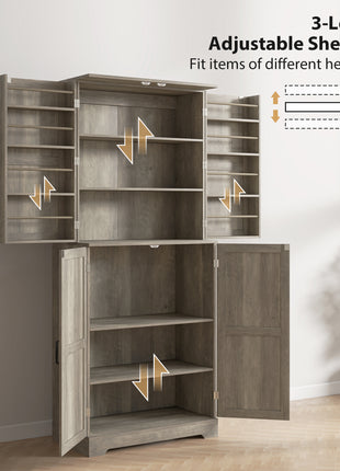 Farmhouse Kitchen Pantry, 72" Tall Pantry Cabinet with 4 Barn Doors, 4 Adjustable Shelves and 8 Door Shelves, Gray Wash