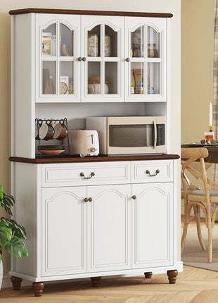 Kitchen Buffet with Hutch, Freestanding Pantry Cabinet with 6 Doors, 2 Drawers and 3-Level Adjustable Shelves, White