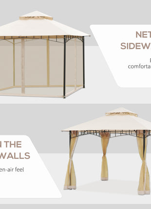10' x 10' Outdoor Patio Gazebo Canopy Tent with Mesh Sidewalls, 2-Tier Canopy for Backyard, Beige