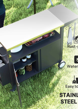 Outdoor Grill Cart Table with Stainless Steel Top, Movable Pizza Oven Table with Foldable Side Table, Wheels