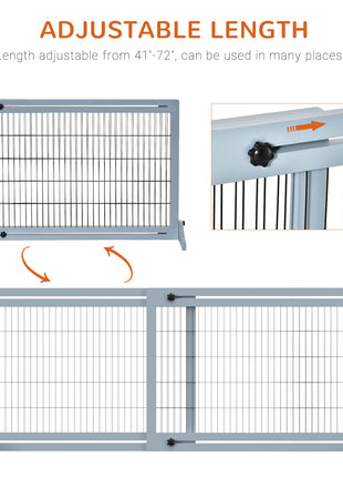71" W x 27.25" H Extra Wide Freestanding Pet Gate with Adjustable Length Dog, Cat, Barrier for House, Doorway, Hallway, Blue-Gray
