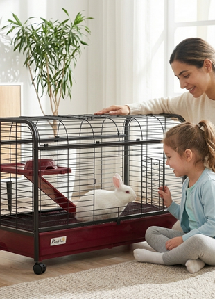 41"L Small Animal Cage, Pet Play House for Rabbit Hutch Ferret with Feeder, Rolling Wheels, Platform, Ramp