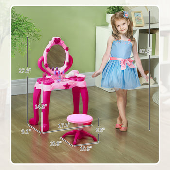 Kids Vanity Set with Mirror and Stool, Light and Sound, 15 Accessories, Pink