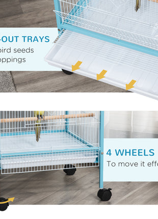 55" 2 In 1 Bird Cage Aviary Parakeet House for finches, budgies with Wheels, Light Blue