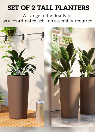 29 Inch Outdoor Planter, Set of 2 Plastic Flower Pots, Weather and UV Resistant Stackable Large Planters, Brown