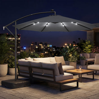 10 ft Cantilever Patio Umbrella with Light, Weight, Offset Hanging Outdoor Umbrella with Protective Cover, Dark Gray