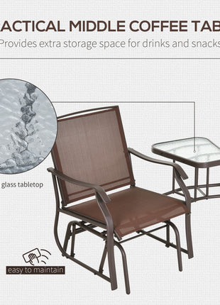 Outdoor Glider Chairs with Coffee Table, Patio 2-Seat Rocking Chair Swing Loveseat with Breathable Sling for Backyard, Garden, and Porch, Coffee Brown
