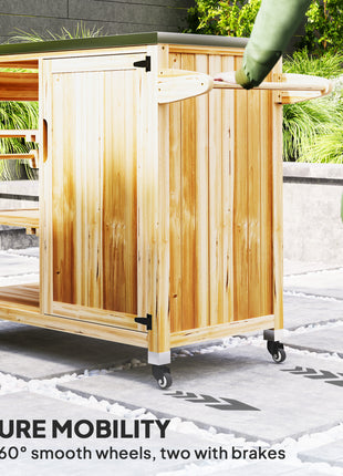 Outdoor Grill Cart with Stainless Steel Top, Solid Wood Outdoor Kitchen Island with Wheels, Natural Wood