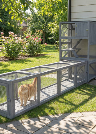 Wooden Cat Run with Weather Protection, Connecting Inside and Outside, 79"L x 15"W x 15"H, Dark Gray