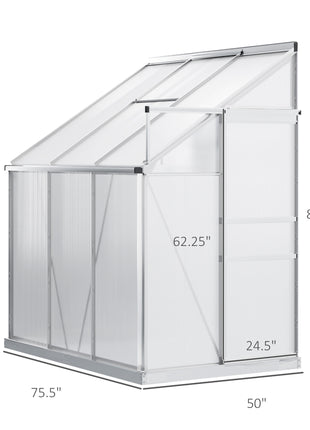 6' x 4' Aluminum Lean-to Greenhouse Polycarbonate Walk-in Garden Greenhouse with Adjustable Roof Vent, Rain Gutter and Sliding Door for Winter, Clear