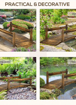 7.5' Wooden Garden Bridge with Planters, Stained Finish Arc Footbridge with Safety Railings for Backyard, Pond Stream, Stained Wood