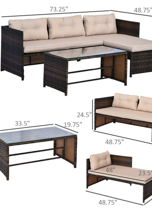 3 Piece Patio Furniture Set, Rattan Outdoor Sofa Set with Chaise Lounge & Loveseat, Soft Cushions, Tempered Glass Table, L-Shaped Sectional Couch, Beige