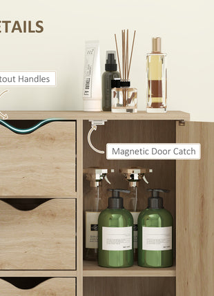 Freestanding Storage Cabinet, Bathroom Floor Cabinet with 4 Drawers and Door, Oak