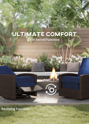 Outdoor Wicker Chair, Reclining Backrest, Lifting Footrest, 360° Rotating Basic, Water Resistant Cushions, Dark Blue