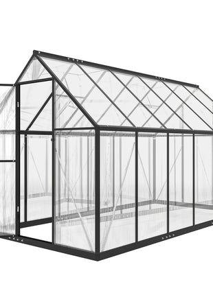 Polycarbonate Greenhouse with Swing Door and Two Adjustable Roof Vents, Aluminum Walk-in Greenhouse, 11x6 ft, Black