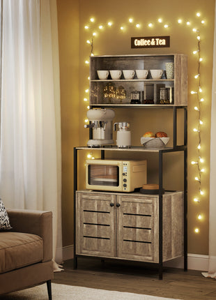 Baker's Rack with Power Outlet and Storage Shelves, Microwave Stand with Louvred Door Cabinets, Gray Wood Grain