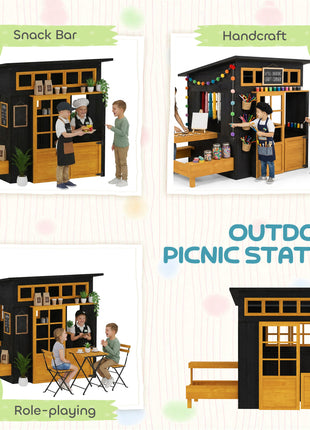 Outdoor Playhouse, Wooden Kids Playhouse w/ Picnic Table & Benches, Chalkboards, Half Door, Windows, for Kids Ages 3-8