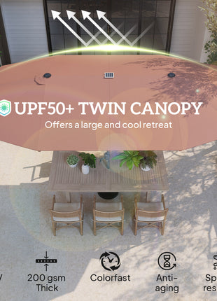 15ft Double-Sided Outdoor Umbrella with Solar Lights, UPF50+ Extra Large Aluminum Patio Umbrella with Crank, Tan