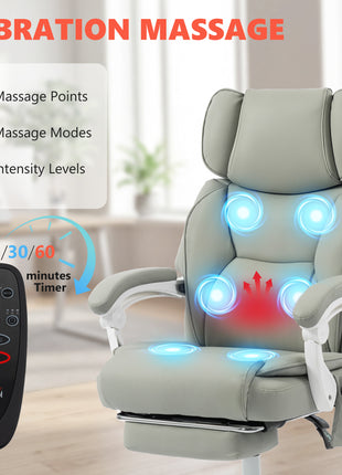 High Back Vibration Massage Office Chair Heated Reclining Computer Chair w/ Footrest, Swivel Wheels, Remote, Light Gray