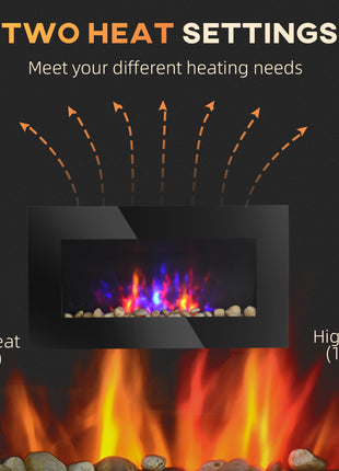 28.5" 1450W Electric Wall-Mounted Fireplace with Flame Effect, 7 Color Background Light, Black