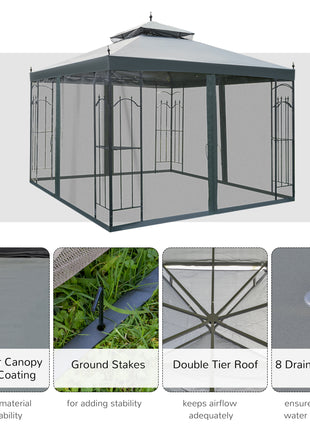 118" x 118" Steel Outdoor Patio Gazebo Canopy with Removable Mesh Curtains, Display Shelves, & Steel Frame, Gray