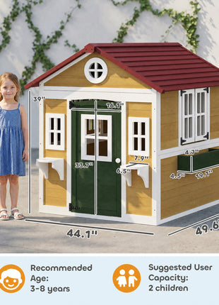 Wooden Playhouse for Kids Outdoor with Doors, Windows, Planter Pots and Boxes for Toddlers 3-8 Years, Beige