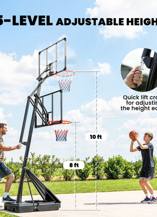 Portable Basketball Hoop Outdoor, 8-10ft Adjustable Basketball Goal, 47 Inch Shatterproof Backboard, Hand-Crank Lift