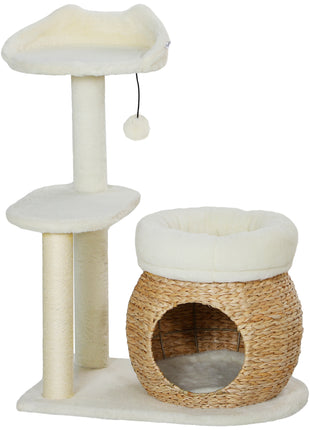 31" Cat Tree Tower with Scratching Posts, Cat Condo, Beds, Platform and Toy Ball for Indoor Cats, Cream White