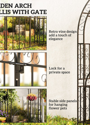 7.4ft Steel Garden Arch with Gate, Garden Arbor Trellis for Climbing Plants, Roses, Vines, Wedding Arch Stand for Outdoor, Garden, Lawn, Backyard, Black