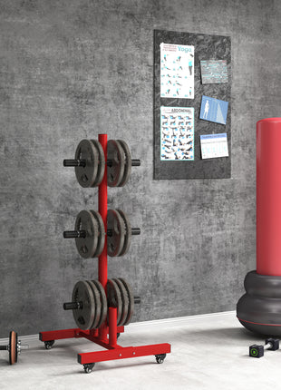 2 Inch Weight Plate Rack, Plate Rack Holder for Olympic Weight Plates and Bars, with 4 Transport Wheels and 6 Fasten Clamps, 440 lbs. Capacity, Red