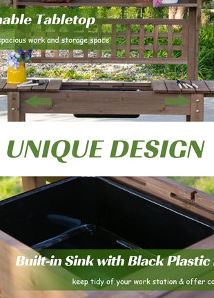 Outdoor Potting Bench Table, Wooden Workstation with Sliding Tabletop, Storage Shelf and Dry Sink, for Greenhouse, Garden, Patio, Brown