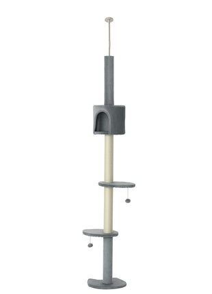 100" Cat Tree Height Adjustable Floor-to-Ceiling 4-Tier Kitty Climbing Activity Center Condo Cat Toy with Scratching Post Hanging Balls Play Rest Post Pet Furniture Grey