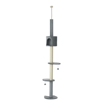 100" Cat Tree Height Adjustable Floor-to-Ceiling 4-Tier Kitty Climbing Activity Center Condo Cat Toy with Scratching Post Hanging Balls Play Rest Post Pet Furniture Grey