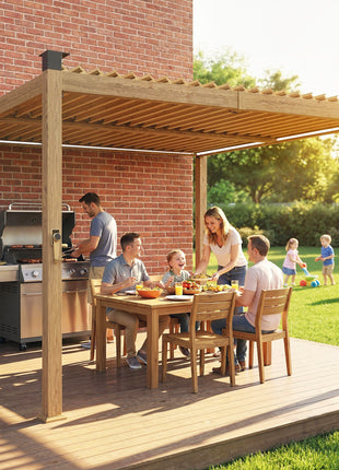 10' x 10' Louvered Pergola with Solar LED lights, Metal Roof, Outdoor Pergola Patio Gazebo with Drainage Gutters, Brown