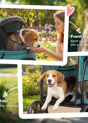3 Wheel Pet Stroller with Easy One-Click Quick Fold, Mesh Window, Washable Cushion, for Medium Dogs, Dark Green