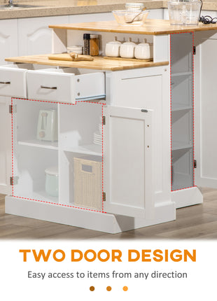 Kitchen Island with 2-Level Rubber Wood Tabletop, Island Table with Adjustable Shelves and Drawers, White