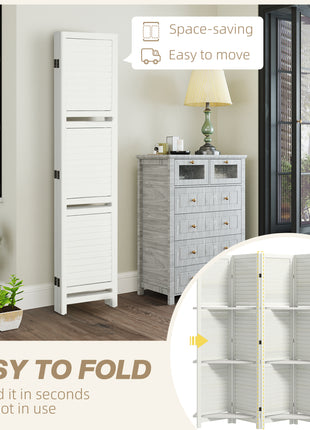 5 Panel 67" Tall Wood Privacy Screen Room Divider with 3 Shelves and Folding Storage for Bedroom, White