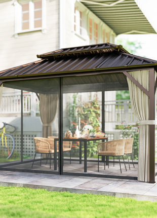 10' x 14' Hardtop Gazebo with Double Galvanized Steel Roof Canopy, Aluminum Frame Permanent Gazebo, Brown
