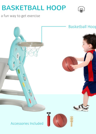 2 in 1 Kids Slide with Basketball Hoop, Foldable Toddler Freestanding Slider Playset, for 18 months -4 Years Deer Shaped, Includes Basketball, Pump - Blue