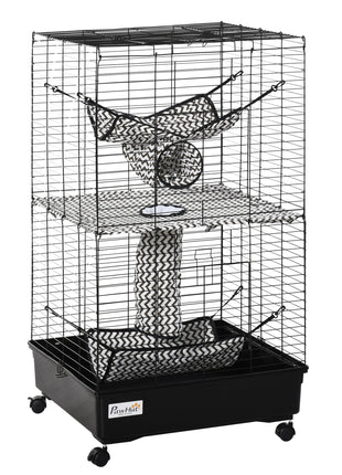 42" Ferret Cage, Small Animal Habitat Metal Pet Cage with Wheels Brakes, Hammocks, Hanging Tunnels, and 3 Doors, Black
