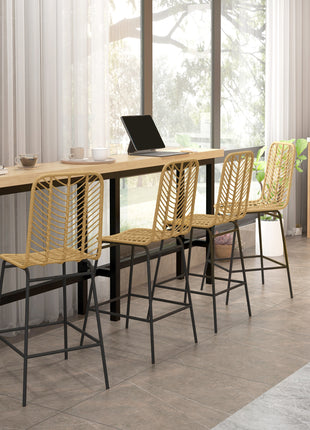 Set of 4 Rattan Barstools Wicker Counter Stools with Steel Legs and Footrest for Dining Room Kitchen Pub Yellow