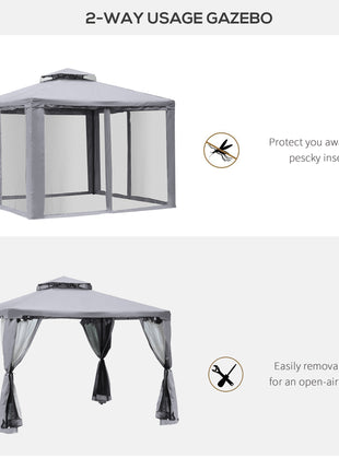 9.6' x 9.6' Patio Gazebo, Outdoor Canopy Shelter with 2-Tier Roof and Netting, Steel Frame for Garden, Lawn, Backyard, and Deck, Gray