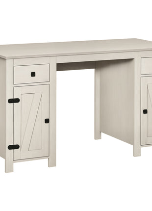 Farmhouse Computer Desk with Storage, Home Office Desk with 2 Drawers and 2 Cabinets, Cream White