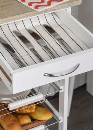 Mobile Kitchen Cart, Rolling Kitchen Island with Storage, Solid Wood Frame Utility Cart with Wire Fruit Baskets and Drawer, White