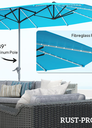 15ft Double-Sided Outdoor Umbrella with Solar Lights, UPF50+ Extra Large Aluminum Patio Umbrella with Crank, Blue