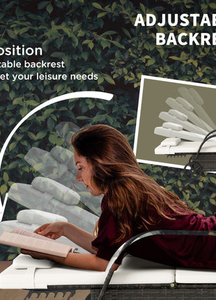 2 Reclining Chaise Lounge Chairs, Rolling Outdoor Chairs with Cushion, Pillow, Headrest, Armrests, and Wheels, Cream