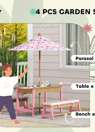 Kids Picnic Table Set with Foldable Umbrella, Removable Cushions & Boxes, Flamingo Theme, Pink