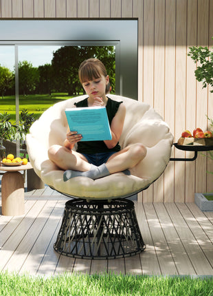 360° Swivel Outdoor Papasan Chair, 39" Overstuffed Circle Chair with Side Tray, Thick Cushion for Indoor Patio, Beige