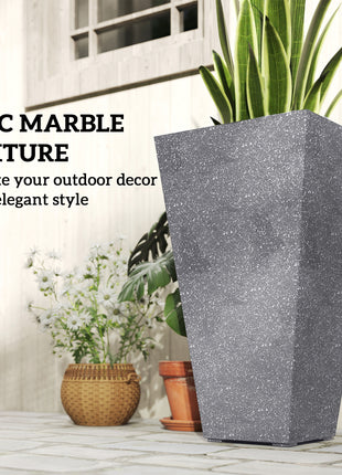 28" Tall Planters, Set of 3 Plastic Flower Pots with Marble Finish and Drainage Holes, Stackable Taper Planters, Gray