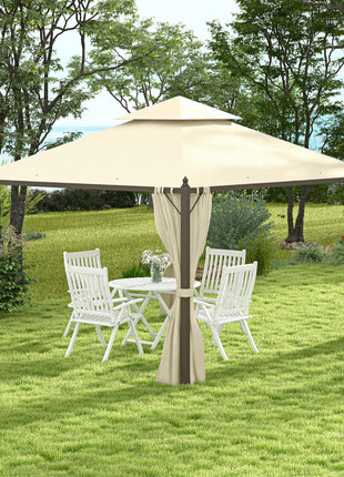 10' x 12' Outdoor Patio Gazebo with Curtains, Two-Tier Roof, Beige